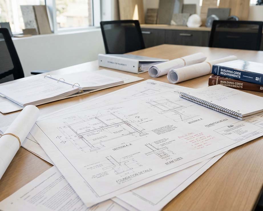 Plans de construction étalés sur une table de réunion