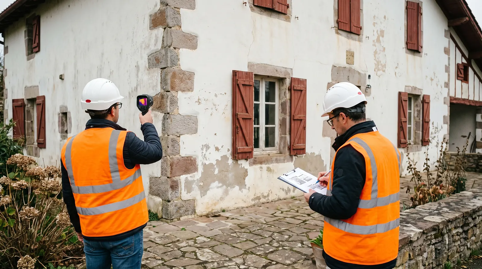 Diagnostic du bâti existant par deux techniciens devant une maison basque à rénover